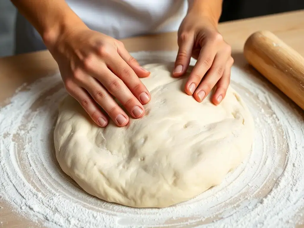New York style pizza dough being kneaded by hand