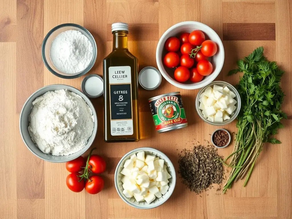New York style pizza recipe ingredients laid out on a counter