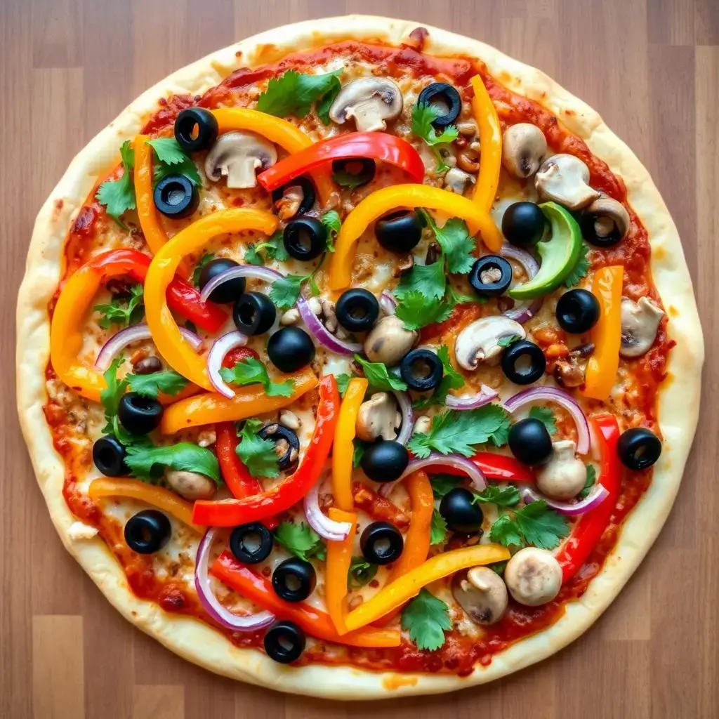 New York style vegetarian pizza with colorful vegetables