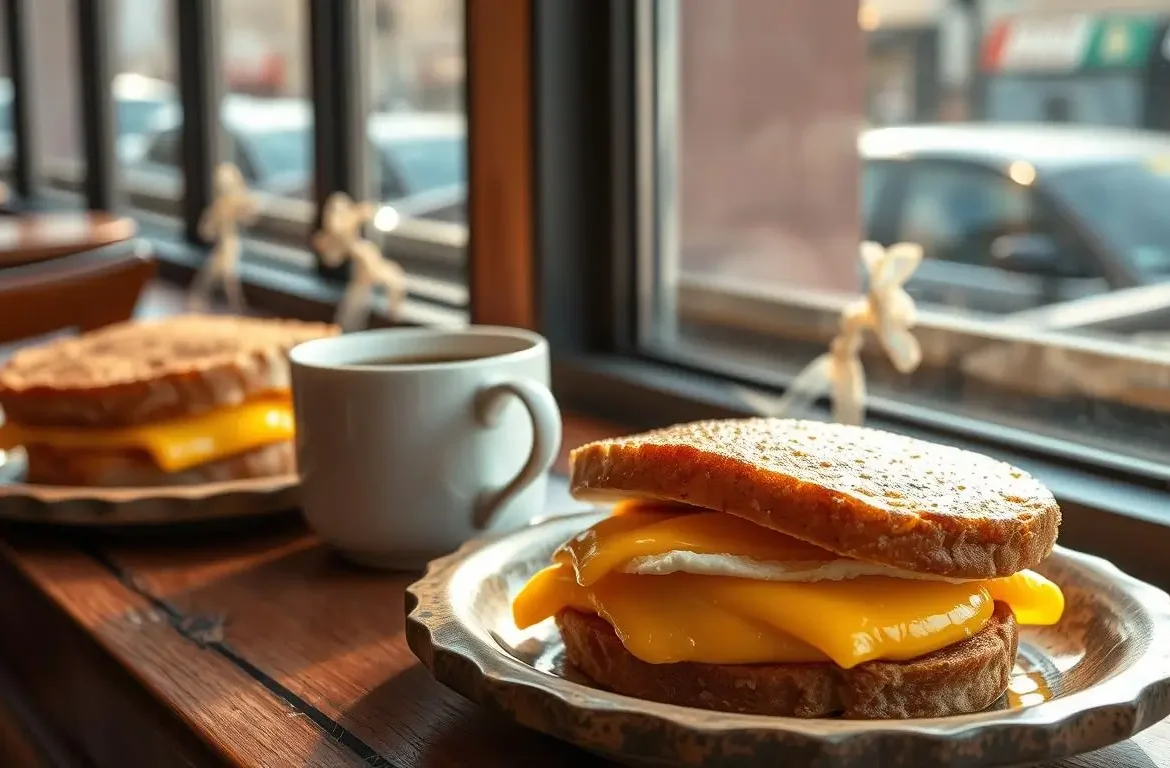 New York Style Breakfast Sandwiches with melted cheese and eggs served in a cozy café setting, perfect for busy morning brunch lovers.