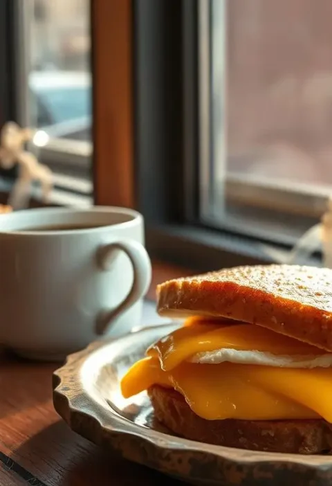 New York Style Breakfast Sandwiches with melted cheese and eggs served in a cozy café setting, perfect for busy morning brunch lovers.