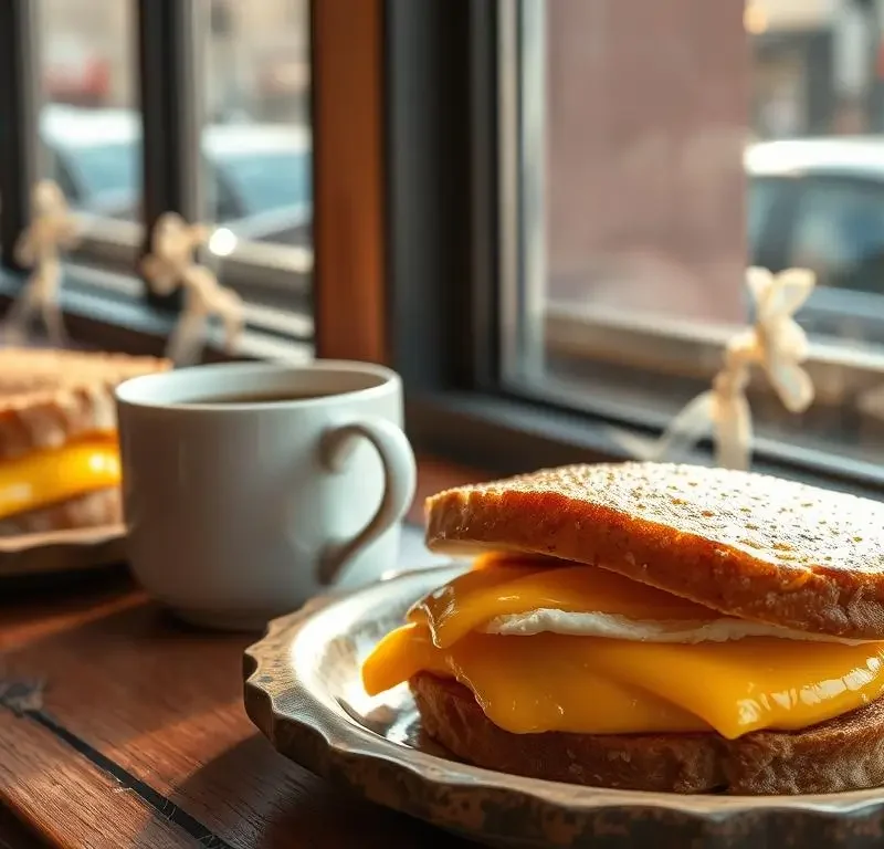 New York Style Breakfast Sandwiches with melted cheese and eggs served in a cozy café setting, perfect for busy morning brunch lovers.