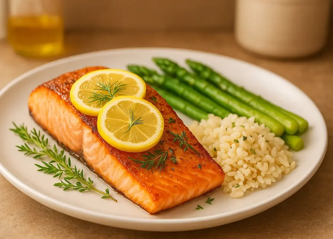 Filet de saumon cuit à la poêle avec peau croustillante, garni d'aneth frais et de citron