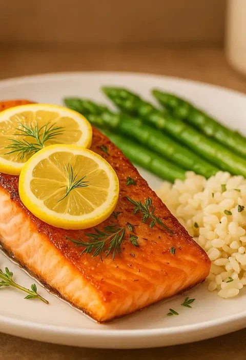 Filet de saumon cuit à la poêle avec peau croustillante, garni d'aneth frais et de citron