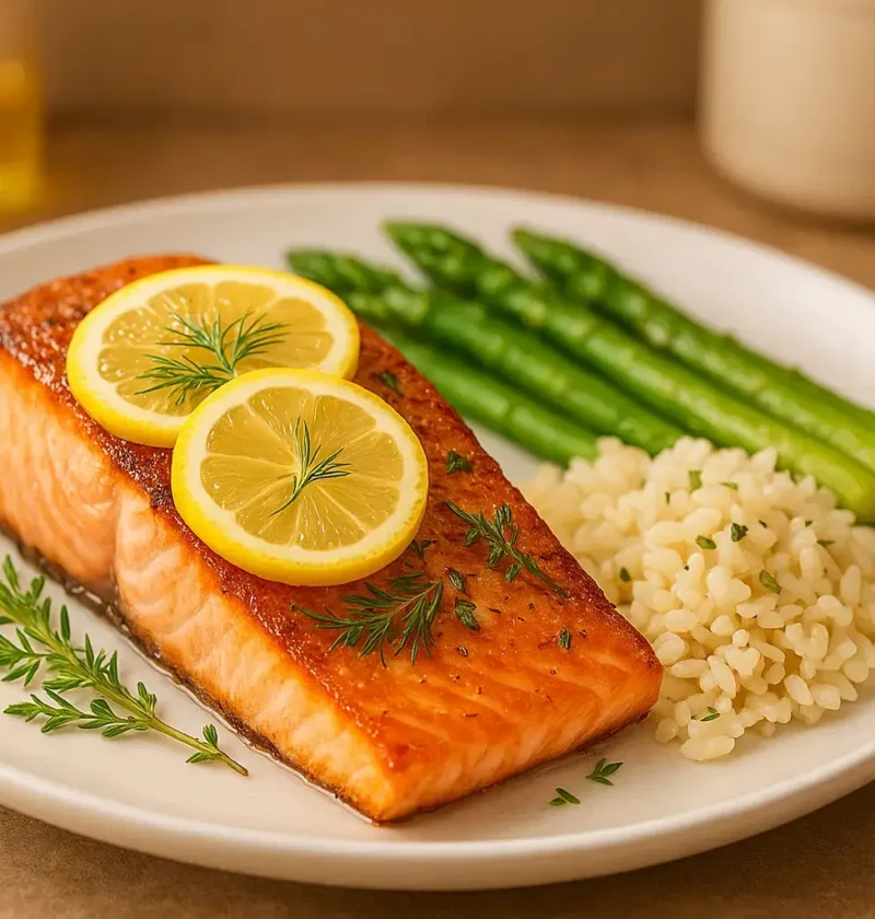 Filet de saumon cuit à la poêle avec peau croustillante, garni d'aneth frais et de citron