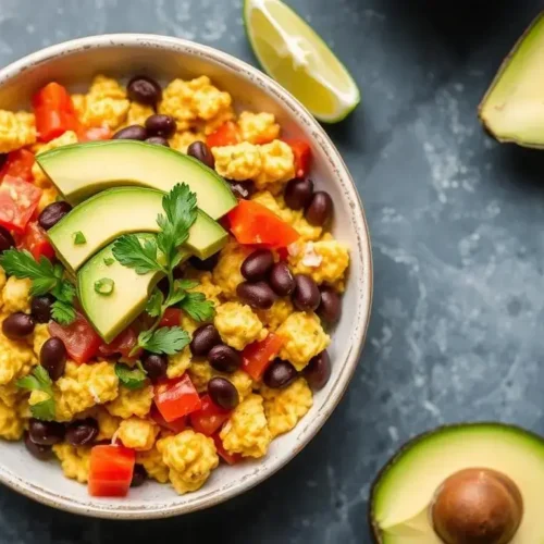 A colorful Southwest-style tofu scramble made with bell peppers, black beans, and avocado, served as a high-protein vegan breakfast.