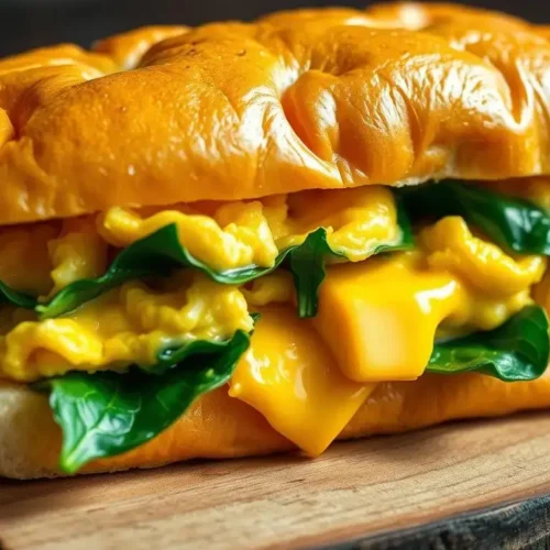 Classic New York Style Breakfast Sandwich with egg, cheddar, and spinach on a brioche bun