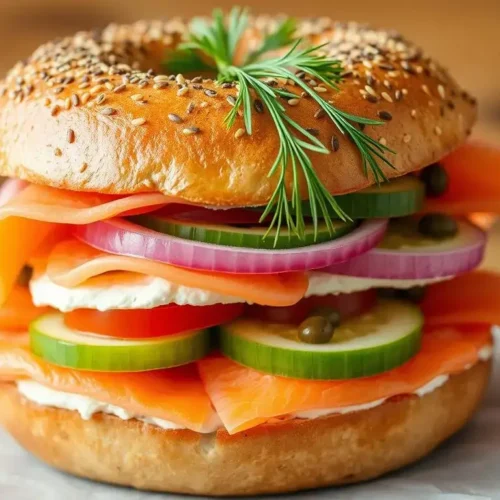 lox and cream cheese bagel :Towering NYC deli-style lox and cream cheese bagel on a toasted everything bagel, stacked high with ruffled pink smoked salmon, cream cheese, tomato, cucumber, red onion, capers, fresh dill, and a bright lemon wedge being squeezed â ready to eat