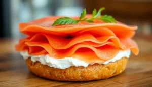 Folded lox slices arranged in soft ruffles, creating small pink waves instead of flat pieces.