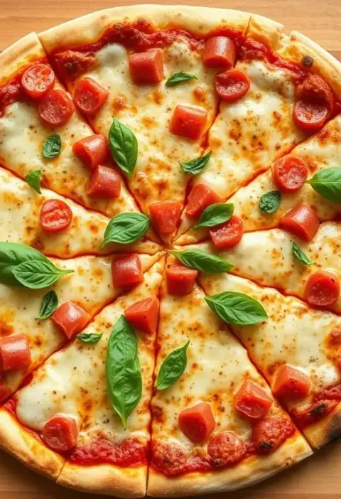 Golden-crusted homemade New York style pizza with melted mozzarella and tomato sauce