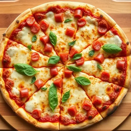 Golden-crusted homemade New York style pizza with melted mozzarella and tomato sauce