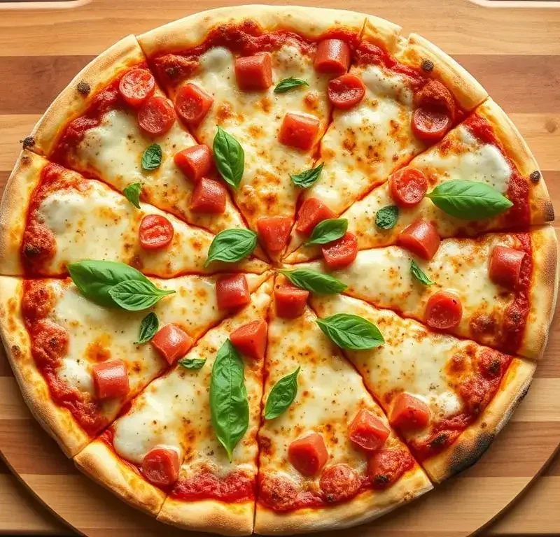 Golden-crusted homemade New York style pizza with melted mozzarella and tomato sauce