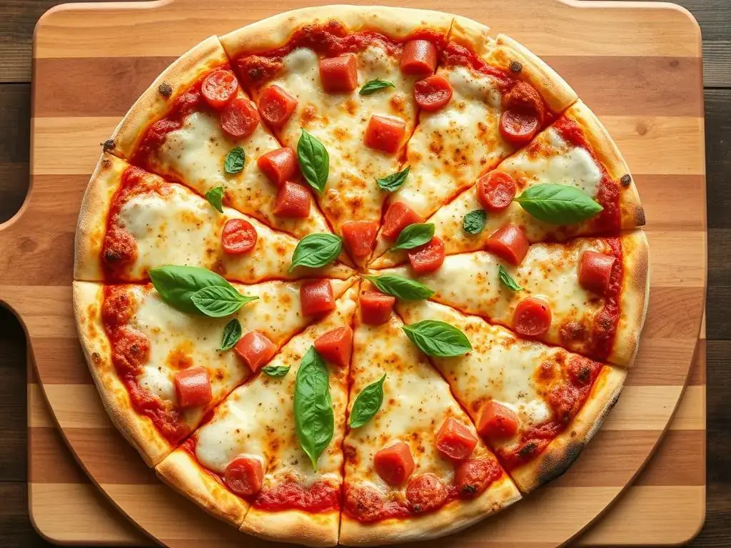 Golden-crusted homemade New York style pizza with melted mozzarella and tomato sauce