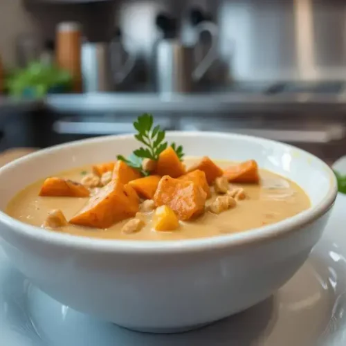 Creamy vegan sweet potato peanut stew in a bowl, garnished with cilantro, chopped peanuts, and a lime wedge, showcasing rich texture.