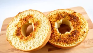 Toasted bagel halves at 350 degrees Fahrenheit, golden on the outside with a soft, chewy steaming interior.