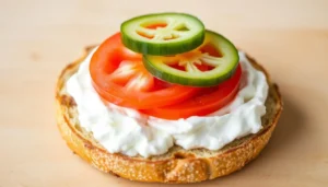 Close-up of bright red tomato slices and crisp English cucumber slices layered directly on top of a thick, snowy-white whipped cream cheese base on a toasted everything bagel â acting as the perfect glue to hold the lox and toppings in place