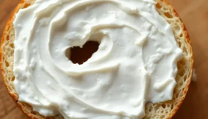 Close-up of a warm toasted everything bagel half covered edge-to-edge with a thick, snowy-white layer of whipped Philadelphia cream cheese spread perfectly smooth, looking like fresh fallen snow â ready for the next toppings